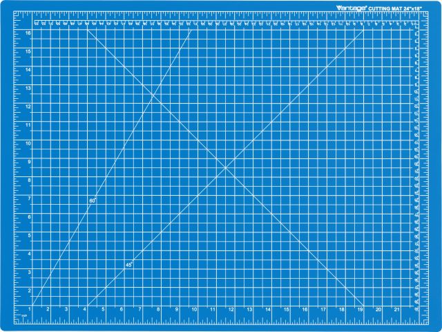 A blue vinyl cutting mat with a white grid, measurement scale, and diagonal cutting lines, shown flat against a white background.
