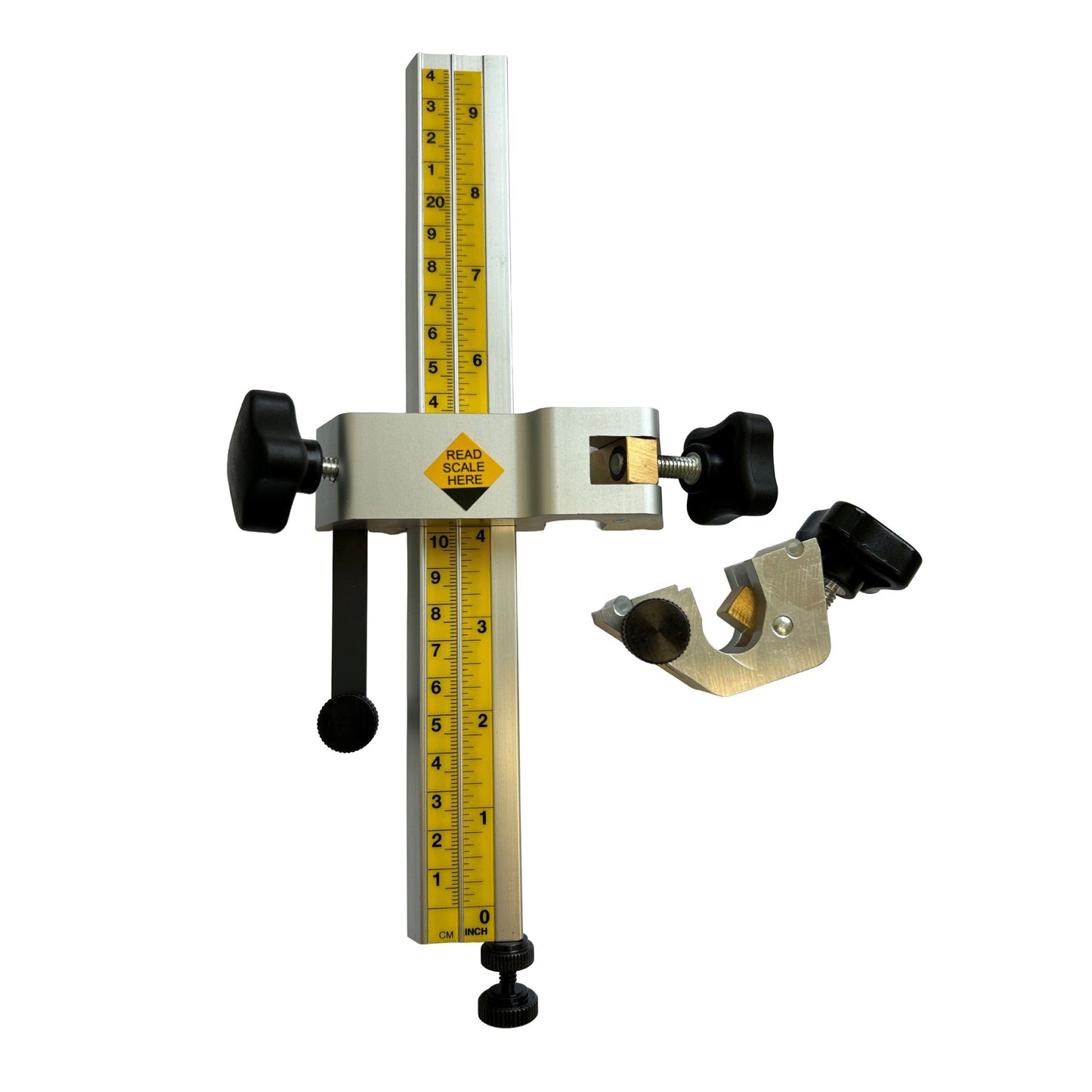 A metal height gauge with a yellow measuring scale, black adjustment knobs, and a separate metal anvil piece on a plain white background.