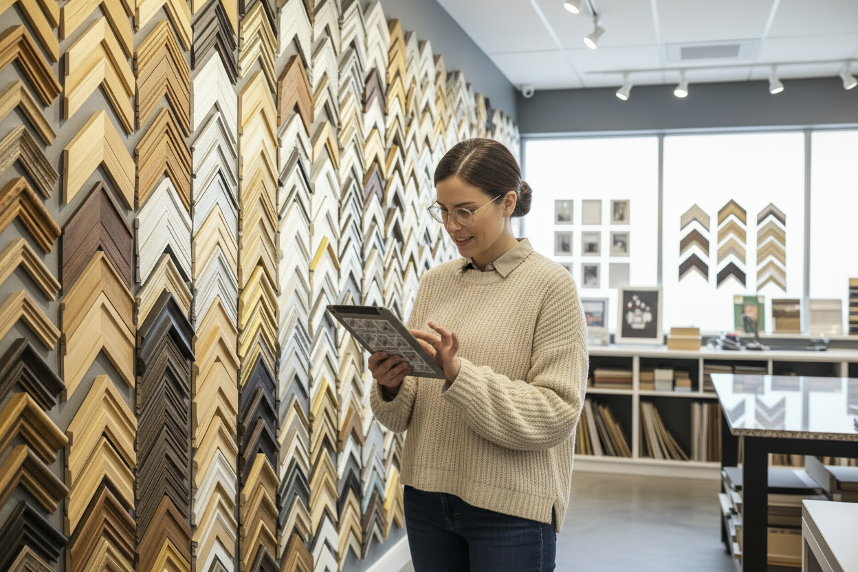 A framer in her store using a tablet, applying for equipment financing.